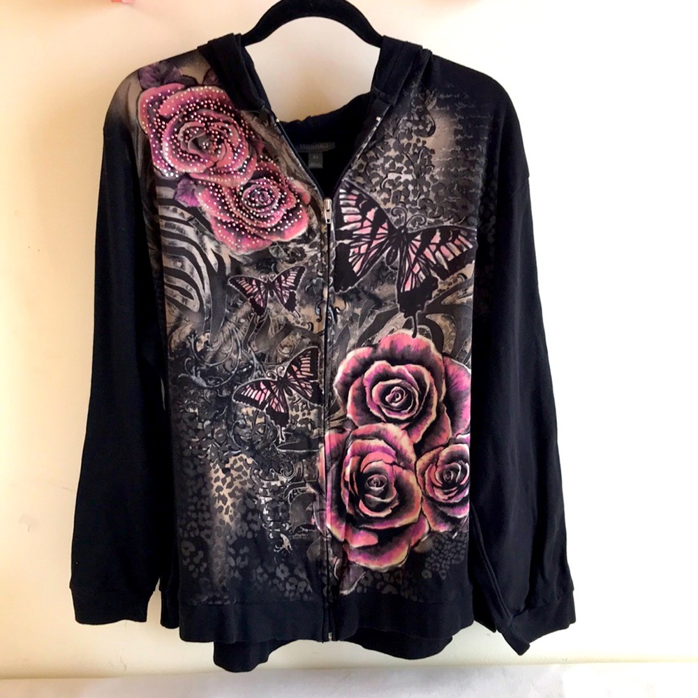 Essentials Sz 4X hoodie zip front Y2K graphic roses Butterflies crystals black - Picture 1 of 14